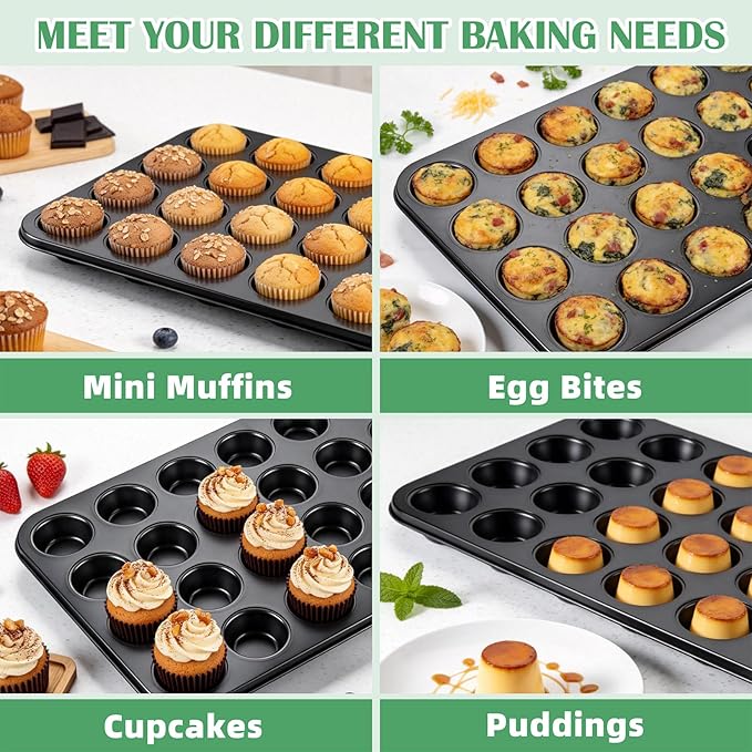 P&P CHEF 24-Cup Mini Muffin Pan Tin, Nonstick Carbon Steel Cupcake Pans, Versatile Bakeware Ideal for Mini Muffin Cupcake Egg Tart Pudding, Oven Safe & Even Bake, Healthy & Easy Clean, Black, 2Pcs