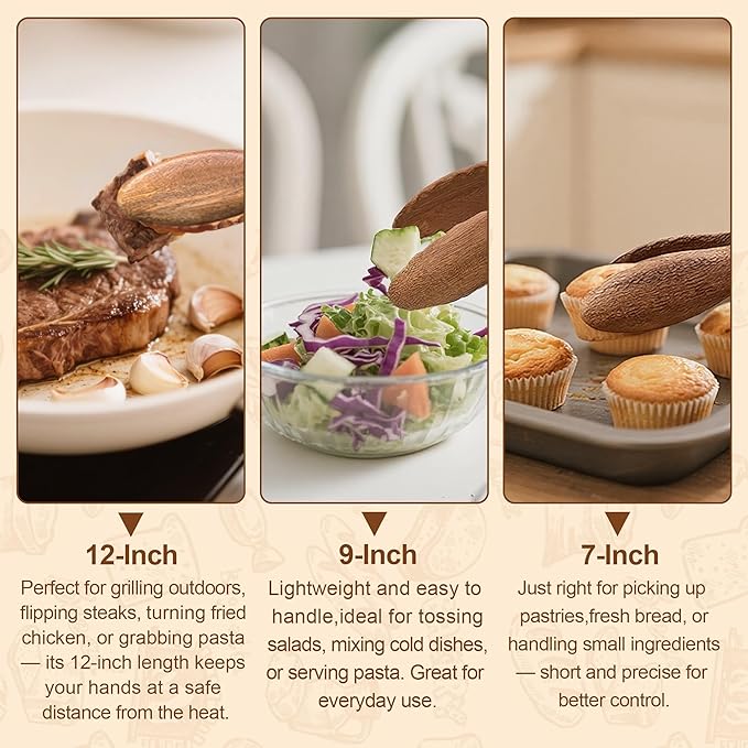 Wooden Tongs for Cooking, Multi-Purpose for Tossing Salads, Grilling, Flipping Food & Serving Bread - Strong Grip Walnut Wood Tips, Heat Resistant & Non-Deforming (7inch)