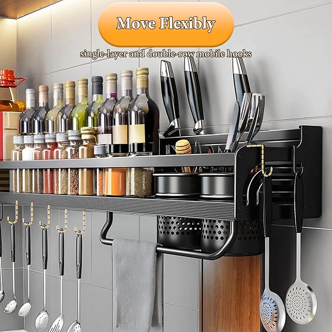 Kitchen Utensils Hanging Rack，19”d Hanging Storage Rack with Hooks, Cutlery Knife Holder for Seasoning,Cookware,Cutlery,Towel