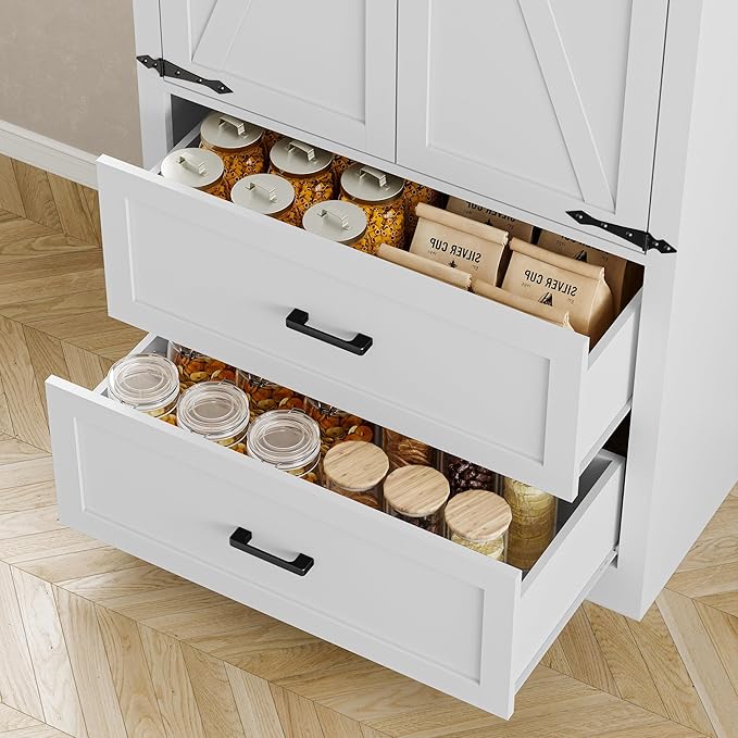 Pantry Organizers and Storage Cabinet, 71” Barn Door White Kitchen Cabinet with Drawers and Adjustable Shelf, Tall Pantry for Kitchen, Dining Room, Living Room. Bathroom and Office