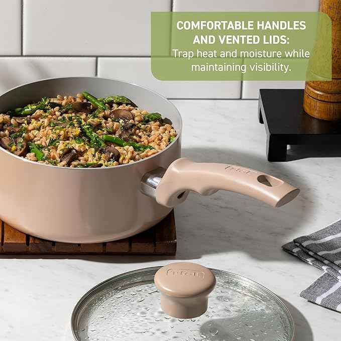 T-Fal Refresh Ceramic Nonstick Cookware Set, 12-Piece Nonstick Cookware, Oven Safe to 350°F, Stockpot, Griddle, Frying Pans, Utensils, Ceramic Pots and Pans Set, Blue