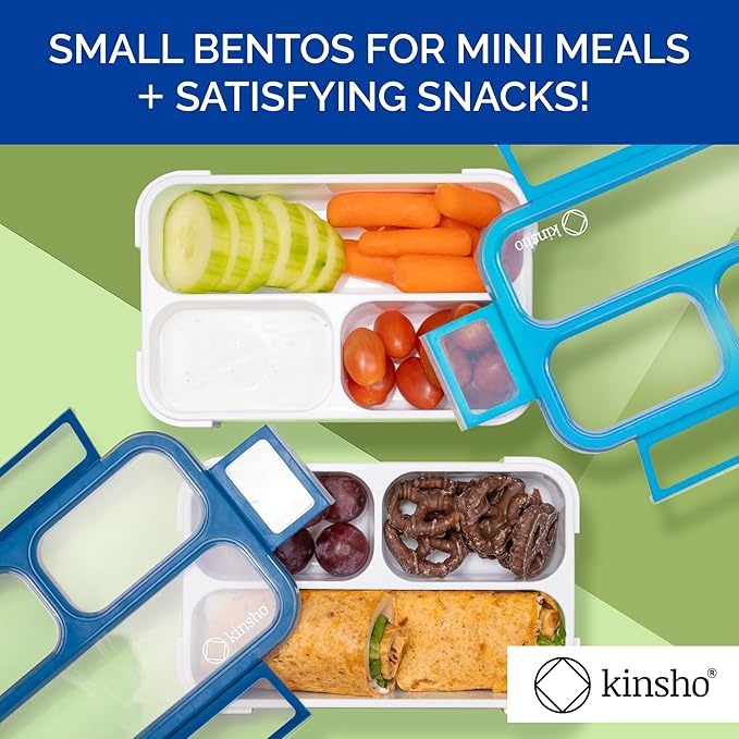 Small Snack Containers for Kids Toddlers - 3 Compartments (Set of 2) - Leak-Proof Reusable Boxes with Lids -BPA-Free Plastic Mini Bento Lunch Box - Ideal for School, Daycare, Holds 2 Cups (Navy+Blue)