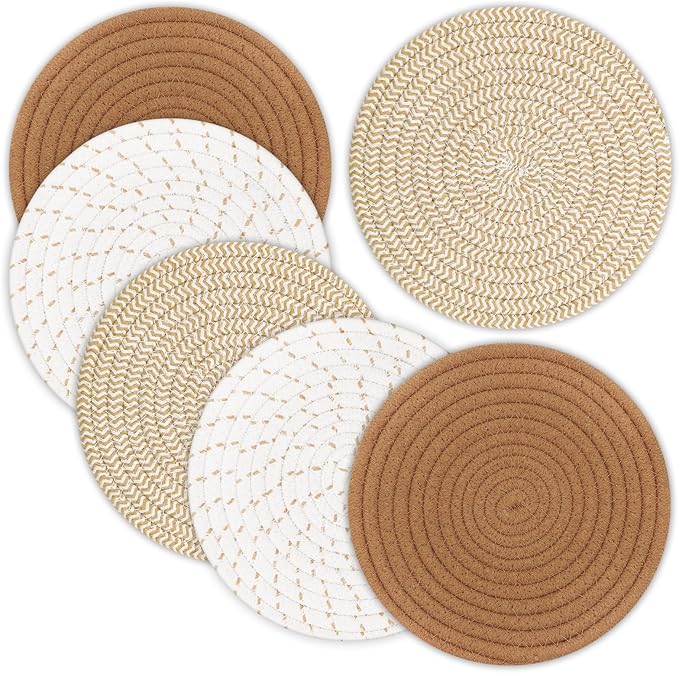 Trivets for Hot Dishes, Pots and Pans, 8 Inches Hot Pads 6 Pcs, Pot Holders for Kitchen, Heat Resistant Mat Protect Counter, Coasters Set Home Essentials Farmhouse Decor (Mix Brown)