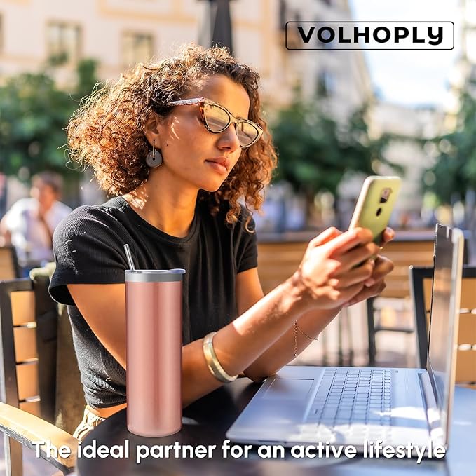 Volhoply 4 Pack Skinny Tumblers with Lid and Straw, 20oz Stainless Steel Straight Tumbler Bulk, Vacuum Insulated Coffee Mug for Home, Office, Travel, DIY (Rose Gold,4 Pack)