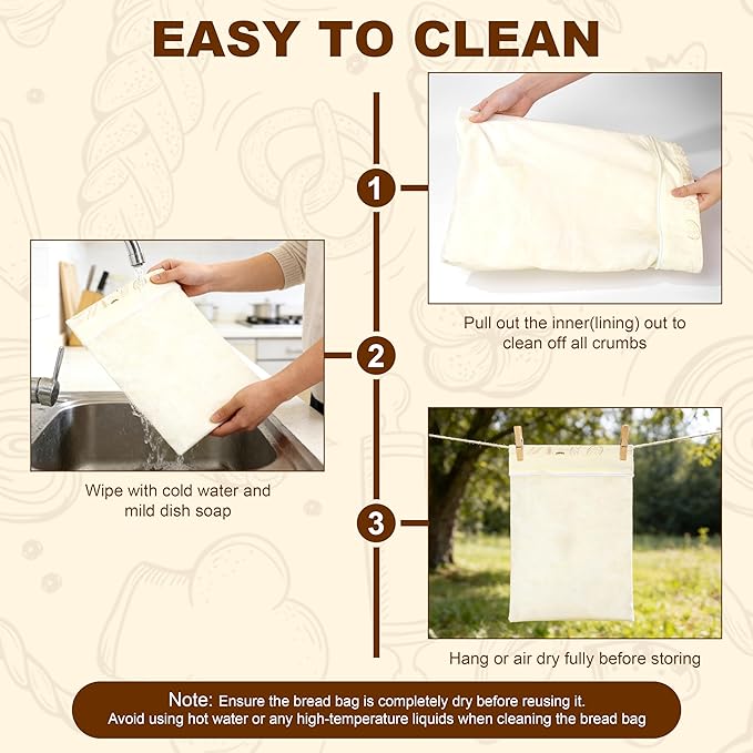 BuyCard Reusable Beeswax Bread Bags, 2-Pack Zipper Closure Cotton Bread Storage Bags for Homemade Loaf Freshness, for Baking Enthusiasts, Natural Cream with Gold Bread Pattern