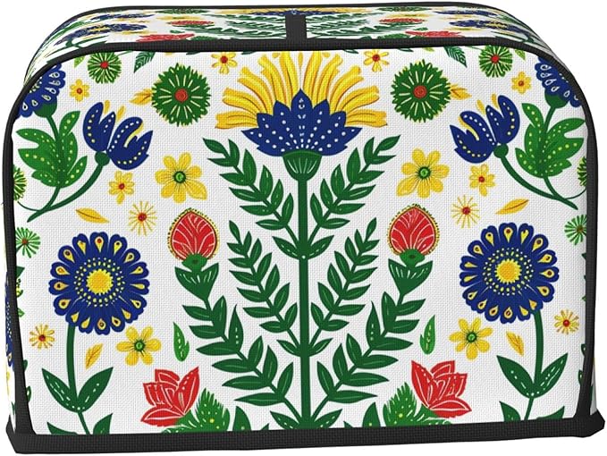 Mexican Folk Flowers Toaster Cover 2 Slice, Cute Rural Bread Machine Cover, Washable Dust-Proof Cover for Kitchen Small Appliance Cover,with Top Handle