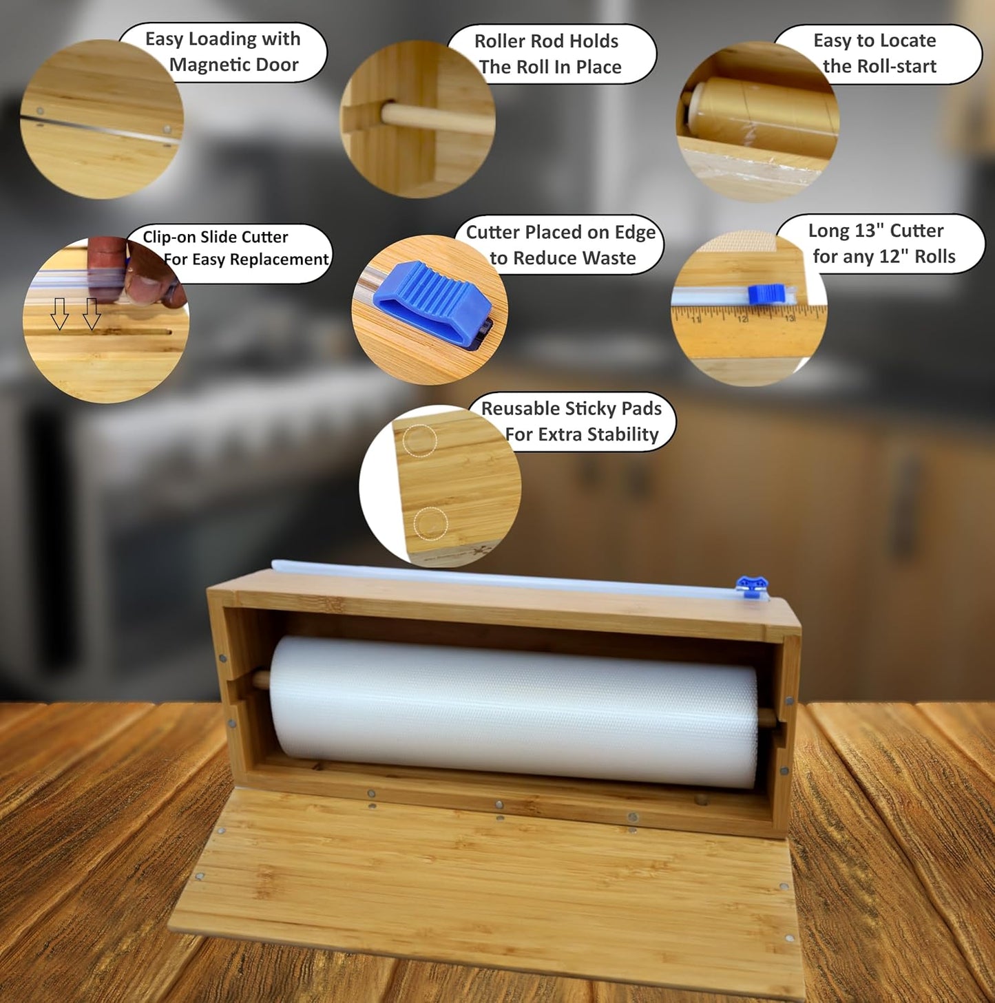 Vacuum Sealer Bag Roll Dispenser with Slide Cutter - Reusable Bamboo Vacuum Bag Dispenser Fits Most 50 ft Food Saver Bags Rolls, Most 12" Rolls of Plastic Wrap, Aluminum Foil and Wax Paper