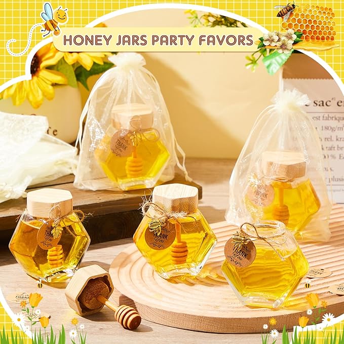 Pickmesh 24 Pcs Hexagonal Glass Honey Jars with Spoon, 3.38 oz Honey Dispenser with Wooden Spoon Bee Charm Thank You Card Organza Bag Mini glass Jars for Baby Shower Wedding Party Favor Decorations