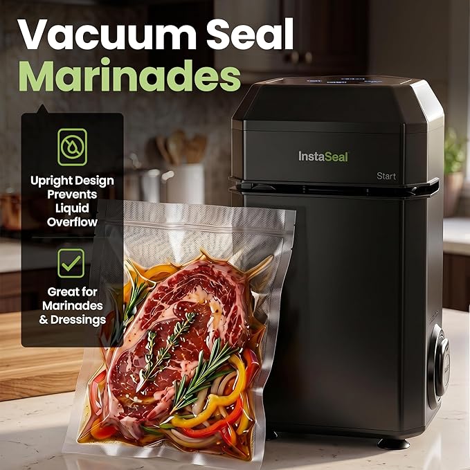 InstaSeal Vacuum Sealer for Food with 12 Bags, Preserves Foods 5x Longer, Space Saving Compact Upright Design Allows Machine to Heat Seal Marinades, Soups, Meats for Sous Vide Cooking