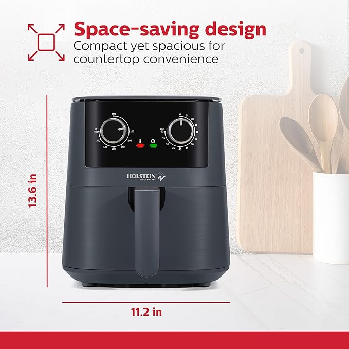 Holstein Housewares 4.4QT Air Fryer. Your All-in-One Culinary Solution. Air fry, roast, bake or grill. Adjustable temperature and time, Hot air technology and Dishwasher Safe, 1400W, Grey