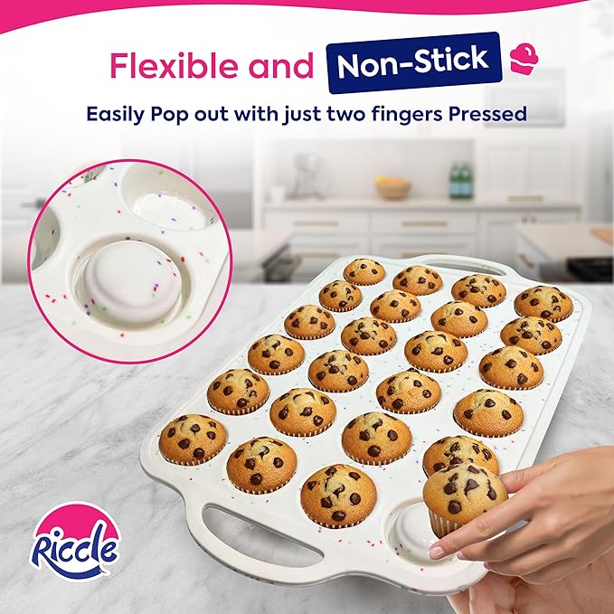 RICCLE 2 Pack Silicone Mini Muffin Pan with Metal Reinforced Frame, 24-Cup Mini Cupcake Pans, Mini Muffin Silicone Molds, Silicone Muffin Pans for Baking - Oven & Dishwasher Safe, BPA-Free