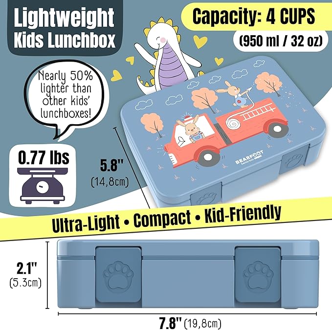 Kids Lunch Box with Compartments – Compact & Lightweight | Leak-Proof, BPA-Free, Dishwasher & Microwave Safe | Hand-Drawn Design for Preschool, School, Travel (Firetruck Bunnies Blue, 4 Cups)