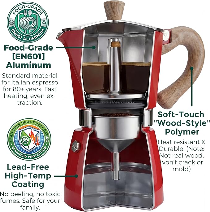 AGOGO Milano Moka Pot Stovetop Espresso Maker with 100 Paper Filters for Sediment-Free Coffee, Classic Italian Greca with Wood-Grain Handle,Cleaning Brush & Towel 6 Cup (10oz / 300ml) Red
