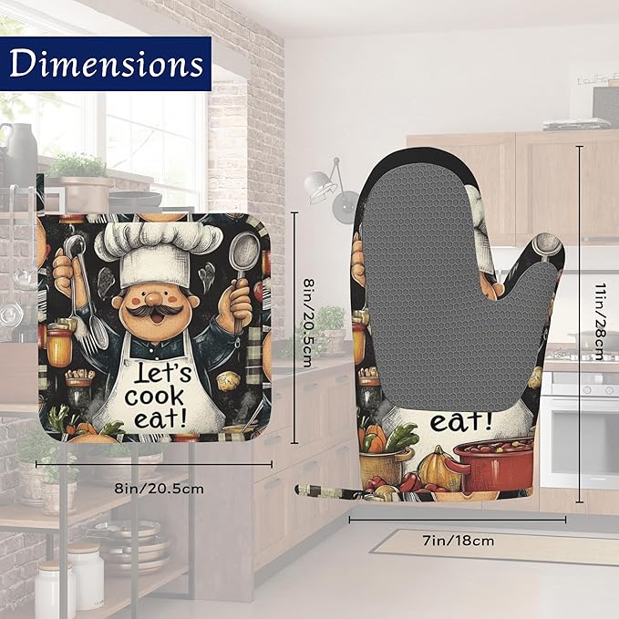 Funny Chef Pot Holders and Oven Mitts Set Silicone Let's Cook Eat Kitchen Gloves Potholders Heat Resistant Washable,Chef Cooking Baking Gifts for Women Men Bakers Lover Cooks