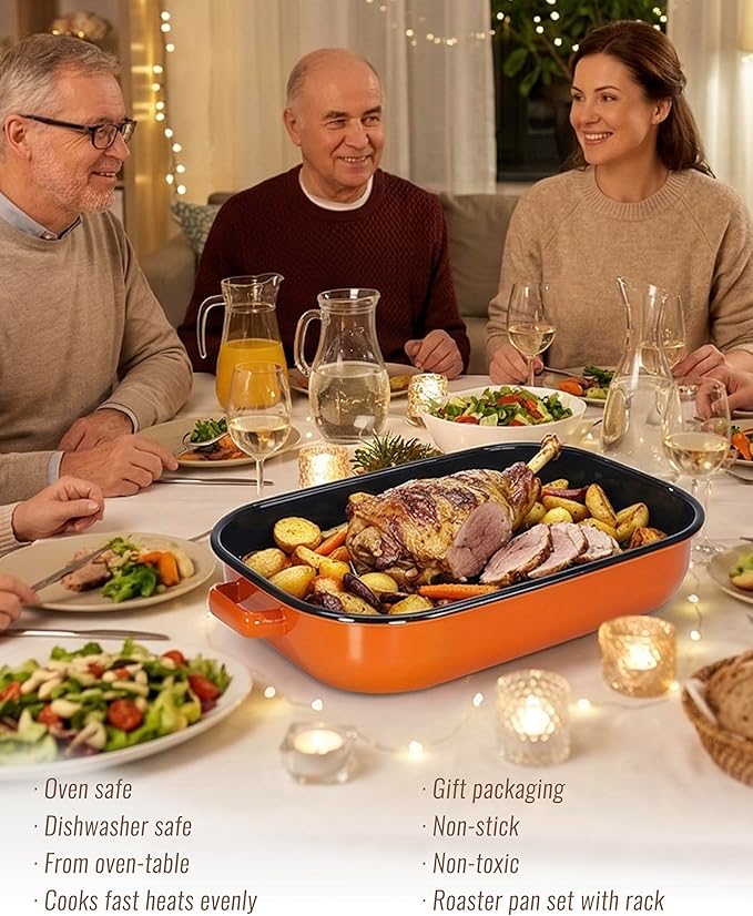 Roasting Pan for Oven with Rack 6-Piece Rectangular Lasagna Baking Dish Set 14&17 Inch, High Temperature Resistance Oven Dishwasher Safe Non-Stick Turkey Ham Roaster Gift for Mom Enamel Bakeware