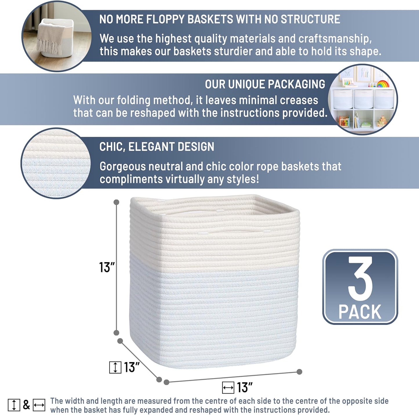 NaturalCozy 13 Inch Cube Storage Bins Cotton Rope Woven Baskets for Organizing 3-Pack | 13 x 13 Storage Cubes | Fabric Square Storage Baskets for Shelves Organizer, Kids Toy Bins, Closet Baby Nursery
