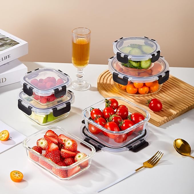 Liuruiyu 12 Pack Glass Food Storage Containers with Lids, Meal Prep Containers, Airtight Bento Boxes with Leak Proof Locking for Microwave, Oven, Freezer and Dishwasher, BPA Free