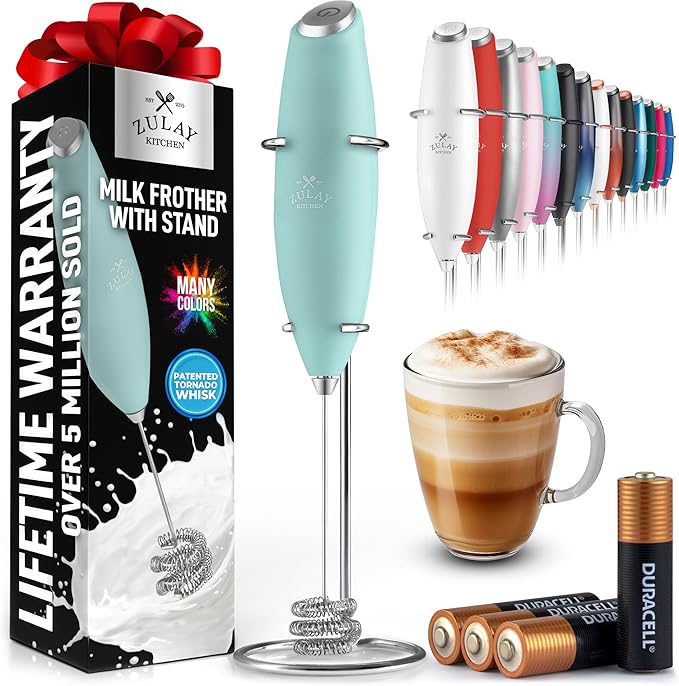 Zulay Kitchen Patented Tornado Triple Whisk Milk Frother with 4 Duracell Batteries – Handheld Foam Maker for Coffee, Lattes, Matcha & Hot Chocolate – Rich, Creamy Froth in Seconds - Mint