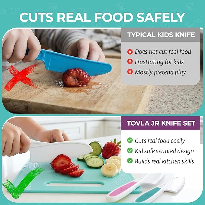 Tovla Jr Kids Safe Knife Set for Real Cooking | Toddler Knife Set with Chopper and Cutting Boards | Montessori Kitchen Tools with Visual Recipe Booklet | Ages 4 to 10