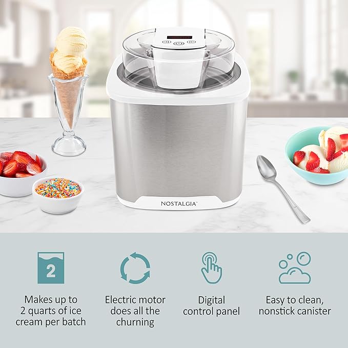Nostalgia 2-Quart Electric Ice Cream Maker – Make Homemade Ice Cream, Gelato, Sorbet & Frozen Yogurt – No Salt/Ice Needed, Digital Controls, Mix-In Chute & Freezing Gel Canister – Stainless & White
