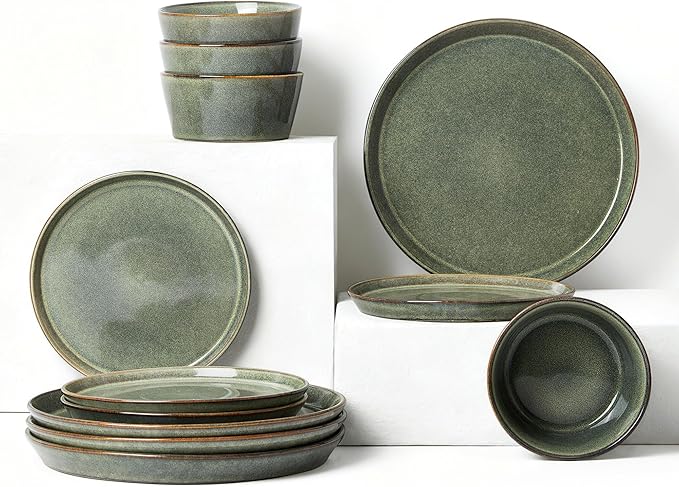 Pokini Dinnerware Sets, Microwave Safe Plates and Bowls Sets, Dishes Set for 4, Chip & Scratch Resistant Dinner Set, Reactive Glazed Farmhouse Dishware Sets, Green Wheat