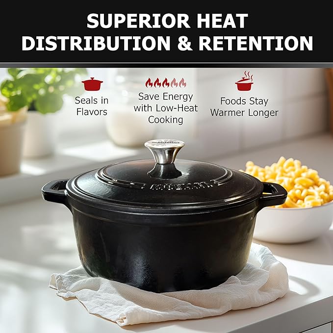 MUELLER HOME 6 Quart Enameled Cast Iron Pot Dutch Oven, Heavy-Duty Oven-Safe up to 500° F, & Across All Cooktops, Casserole Dishes for Ovens, Bread Pan with Lid and Knob, Cast Iron Cookware, Black