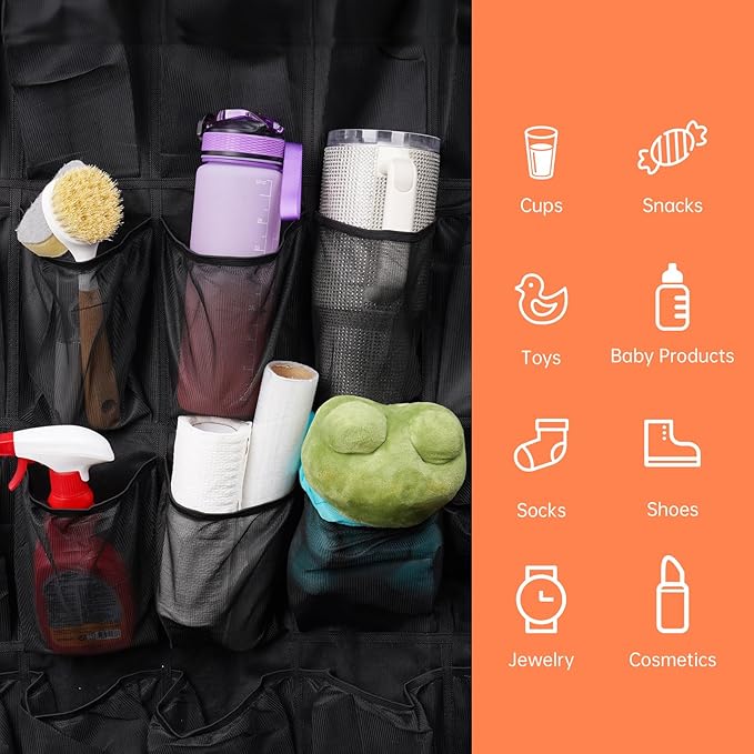 NiHome 28-Pocket Over-the-Door Organizer for Stanley Cups, Large Tumblers, Water Bottles, Travel Mugs, Lids, Space-Saving Elastic Mesh Bottle Holder for Kitchen, Pantry, RV, Cabinet Doors (Black)