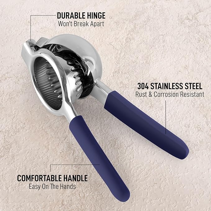 Zulay Kitchen Lemon Squeezer Stainless Steel with Premium Heavy Duty Solid Metal Squeezer Bowl and Food Grade Silicone Handles - Large Manual Citrus Press Juicer and SS Lime Squeezer (Navy)