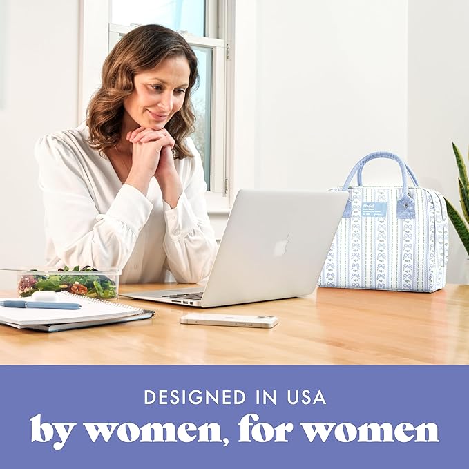 Fit & Fresh Bloomington Lunch Bag for Women - Insulated Large Lunch Box for Work with Containers, Leak-Resistant, Stain-Resistant, Zipper Closure, Blue Wallpaper Bows