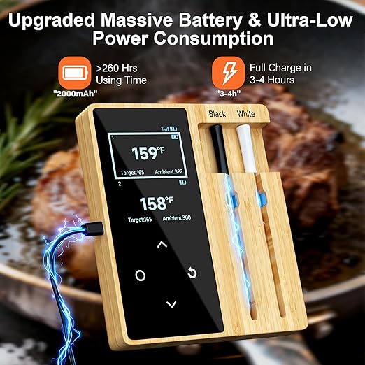 Niitawm Bamboo Dual Probe Wireless Meat Thermometer, Bluetooth Meat Thermometer Digital Wireless App, Long Range Temp Air Fryer Thermometer, Oven Thermometer, Food Grilling Accessories, Cooking Gifts
