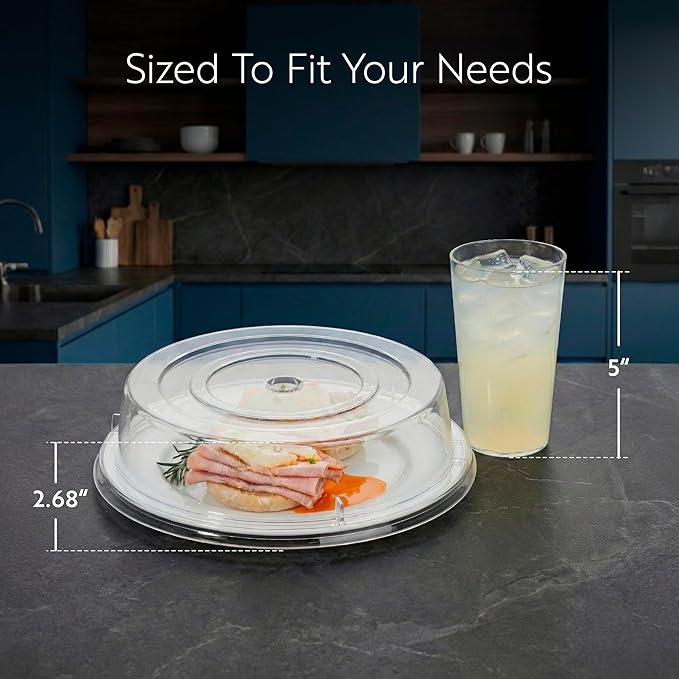 Restaurantware Cater Tek 11 Inch Polycarbonate Plate Cover 1 Shatterproof Dish Cover - Microwavable Endures Up To 210F Clear Plastic Splatter Cover With Finger Hole For 11 Inch Plates
