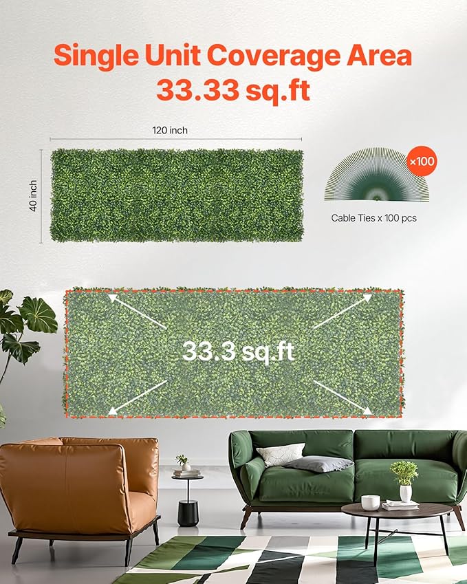 VEVOR Artificial Grass Wall Panels, 40 x 120 inch, Milan Grass Greenery Boxwood Panel for Indoor Outdoor Green Decor & Ivy Fence Covering, Privacy Backdrop Wall Hedge Screen for Garden