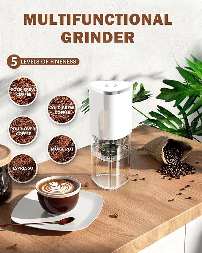 Portable Electric Coffee Grinder, Ergonomic Palm-Fitting Design for Comfortable Grip, USB Type-C Wireless Charging Adjustable Grind Settings for Coffee Beans/Grains(White)