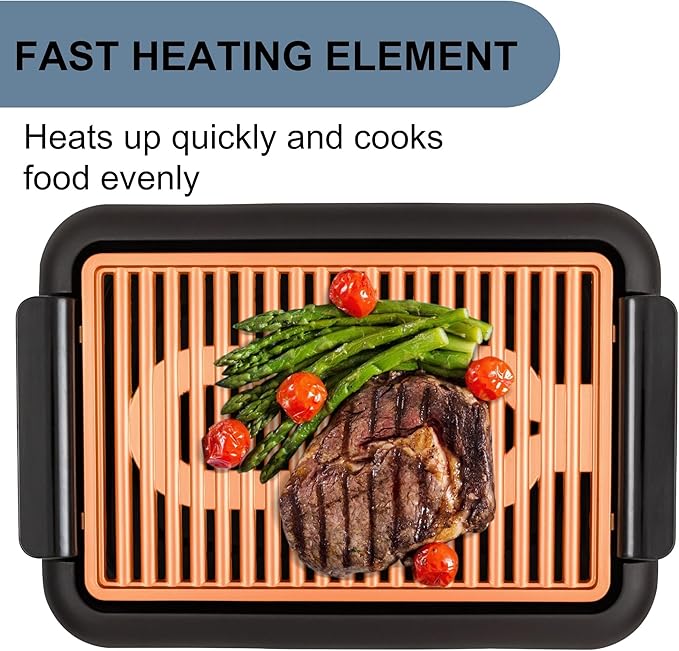 OVENTE Electric Indoor Grill with 15x10 Inch Non-Stick Cooking Surface, 1200W Fast Heat Up Power, Adjustable Temperature, Removable and Dishwasher Safe Grilling Plate and Drip Tray, Copper GD1510NLCO
