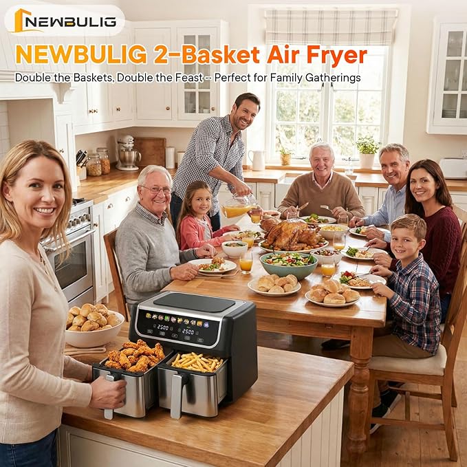 NEWBULIG Dual Air Fryer with 2 Baskets 9.5 QT, 10 in 1 Large Air Fryers with Ceramic Crisper Plate, Match Cook, Sync Finish, Shake Reminder, 80-450°F Wide Temp, Roast, Defrost, Dehydrate, Bake, Black