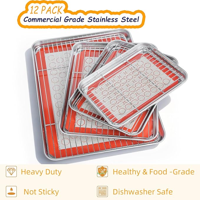 Baking Sheet Pan Set of 12, CEKEE Stainless Steel Cookie Sheets for Baking with Cooling Rack Silicone Baking Mat, Small/Quarter/Jelly Roll Pan, 9/10/12/16 Inch, Heavy Duty & Non Toxic & Easy Clean