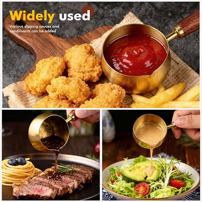 3 Pieces Stainless Steel Mini Sauce Pan with Wooden Handle & Spout, 1.7/3.4/5.1 Oz Gold Small Butter Warmer Saucepan, Reusable Sauce Pot Dipping Bowl (Gold)