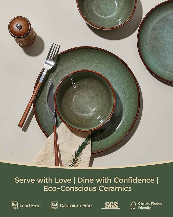 24 Piece Double Bowl Dinnerware Sets with Pasta Bowls, Highly Chip and Crack Resistant Plates and Bowls Sets, Natural Earthyware Ceramic Dishware Sets, Service for 6 Brown Green