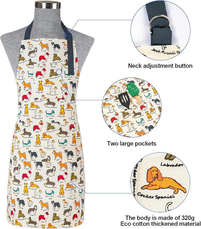 Alselo Oven Mitts and Pot Holders with Chef Apron,Set of 5 Heat Resistant Kitchen Gloves and Silicone Non-Slip Potholders Adjustable Neck Buckle Chef Apron, Cotton Nice Design for Cooking (Dog)