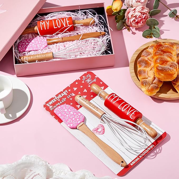 Fuutreo Valentines Holiday Mini Bake Set with Mini Spatula, Whisk and Rolling Pin, Sweetheart Pattern, Heat Resistant, Valentine Sweet Gift Bake Set for Baking Cooking Sauteing Mixing Serving Stirring