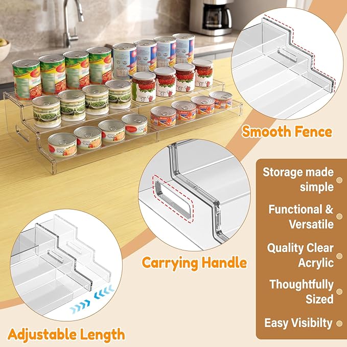 Yecuip Expandable Can Rack Organizer for Pantry, 3-Tier Adjustable Acrylic Can Storage Holder, Holds Up to 24 Cans, Canned Food Organizer for Cabinet, Countertop, Kitchen
