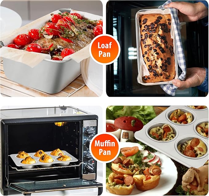 TeamFar Bakeware Sets of 7, Stainless Steel Bakeware Sets for Oven, Baking Sheet & Toaster Oven Pan, Square & Round Cake Pan, Muffin Pan & Loaf Pan, Lasagna Pan, Healthy & Sturdy, Dishwasher Safe
