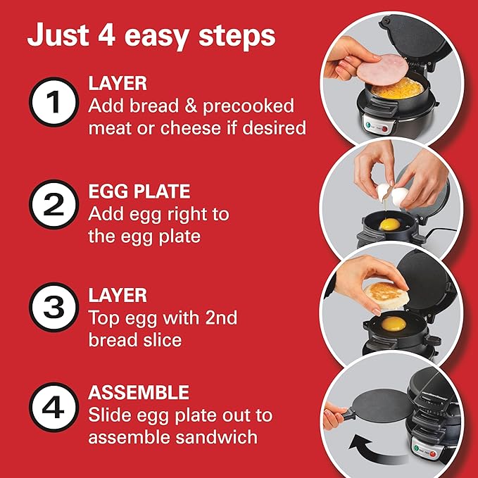 Hamilton Beach Breakfast Sandwich Maker with Egg Cooker Ring,Customize Ingredients,Perfect for English Muffins,Croissants,Mini Waffles,Perfect White Elephant Gifts,Black (25477),(Pack of 4)