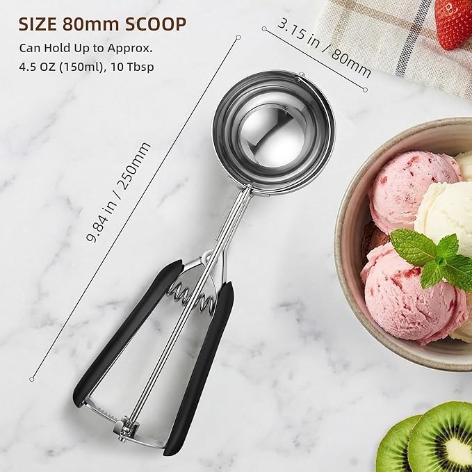 Extra Large Ice Cream Scoop 80MM, Trigger Release Stainless Steel Cookie Scoop, Portion Scoop 5.28 oz/150ml, Commercial Food Disher, for Portion Control, Cookie Dough, Cupcake Batter (10 Tablespoon)