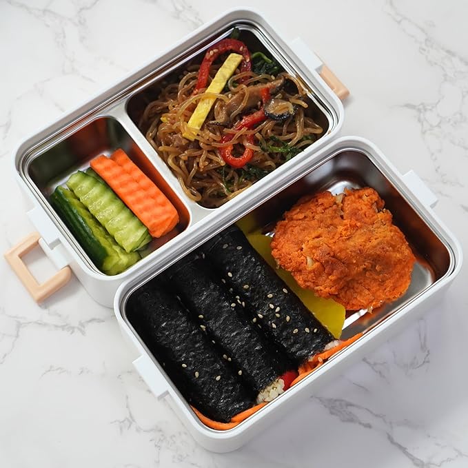 gimmiebox premium stainless steel bento box lunch box with compartments for adults, spoon and fork, leak-proof, easy side locks (Black)