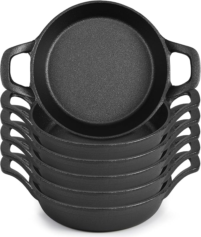 Mini Cast Iron Skillets 6.3 x 6.3 x 1.5 Inch Cast Iron Pan Small Ramekin Set Black Casserole Dish Cookware Oven Safe Mini Skillets for Kitchen Indoor Outdoor Picnic (6 Pack)