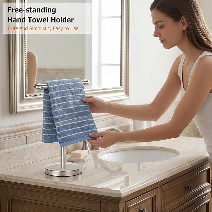 Hand Towel Holder Stand with Heavy Stainless Steel Base, T-Shape Towel Rack, Free-Standing Towel Holder Countertop for Bathroom (Brushed Nickel)