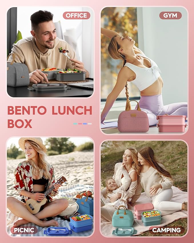 KEMETHY Adults Bento Lunch Box Set with Thermo Bag, 74oz Stackable Leak-proof 3-tiers Bento Box, Built-in Utensil and Sauce Container for Work, School, Dining Out (Pink)