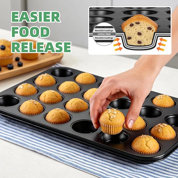 P&P CHEF 24-Cup Mini Muffin Pan Tin, Nonstick Carbon Steel Cupcake Pans, Versatile Bakeware Ideal for Mini Muffin Cupcake Egg Tart Pudding, Oven Safe & Even Bake, Healthy & Easy Clean, Black, 2Pcs
