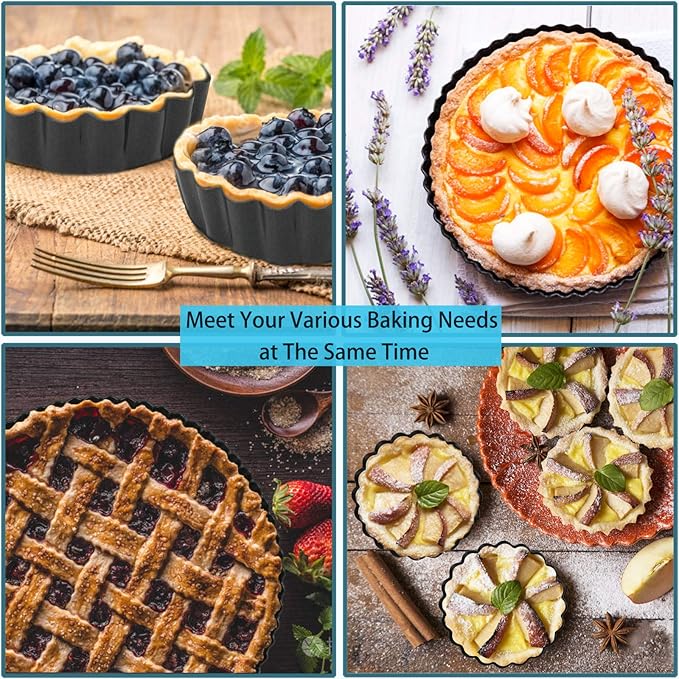 Mini Tart Pans with Removable Bottom 4 inch Set of 10, Non-stick Round Quiche Pan Heavy Duty Carbon Steel for Mousse Cakes, Christmas Dessert Baking with Silicone Scrubber
